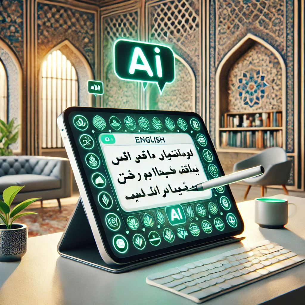 modern illustration representing AI correcting and highlighting mistakes in a written English sentence, digital tablet, green accents, no text, cartoon style