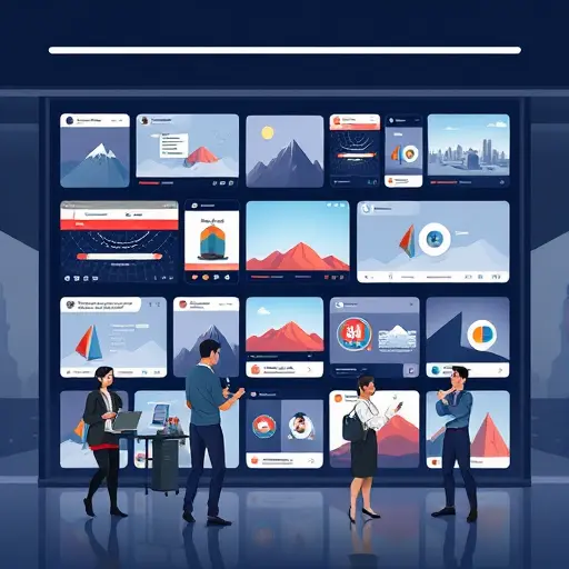 animated illustration of social media grid filled with AI-generated visuals (posts, stories, reels)