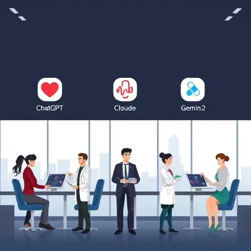 clean comparison illustration of ChatGPT, Claude, Gemini icons with medical symbols (heartbeat, pill, lab tube)