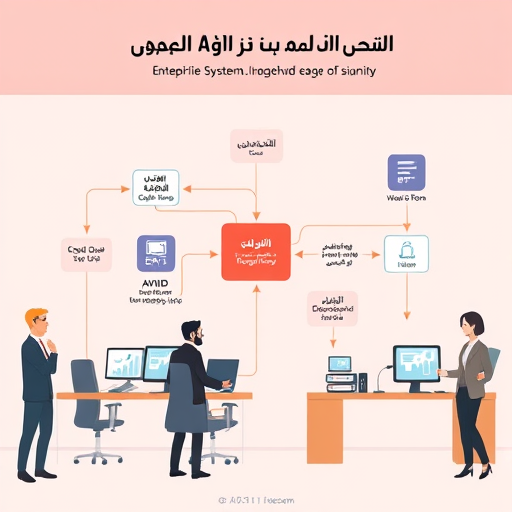 cartoon style flowchart illustration showing an enterprise system integrating GapGPT API for multiple departments (HR, Support, IT)