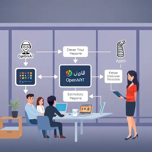 animated flowchart showing app integration with OpenAI and GapGPT API, arrows indicating request/