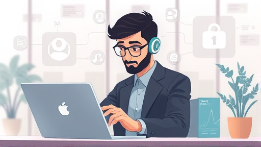 technology illustration of an Iranian tech user working on a secure AI chat platform, with visible icons for privacy, speed, and support, clean digital art, no text