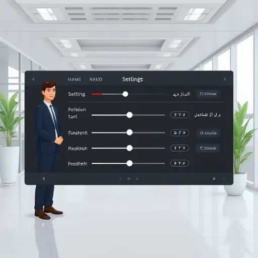 animated panel of advanced AI photo editing settings, sliders for resolution and lighting, two cartoon avatars, clean high-tech look, text-free
