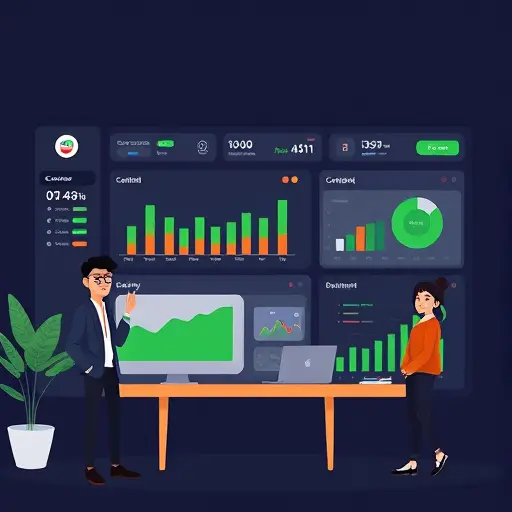 modern animated business dashboard showing content calendar, chatbot widget, sentiment chart, ROI metric, dark background with green highlights, clean, text-free