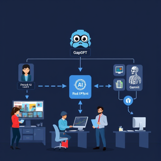 modern architecture diagram: Iranian app (mobile & web) connecting to GapGPT API, then to multiple AI models (ChatGPT, Claude, Gemini), tech cartoon style, Iranian symbols, clear flow arrows, text-free