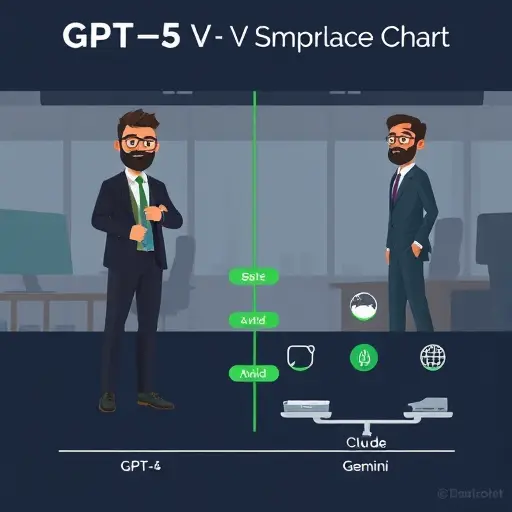 comparison chart illustration of GPT-5 vs GPT-4, Claude, Gemini, icons for each model with balanced scales, dark theme, green highlights, clean, no text