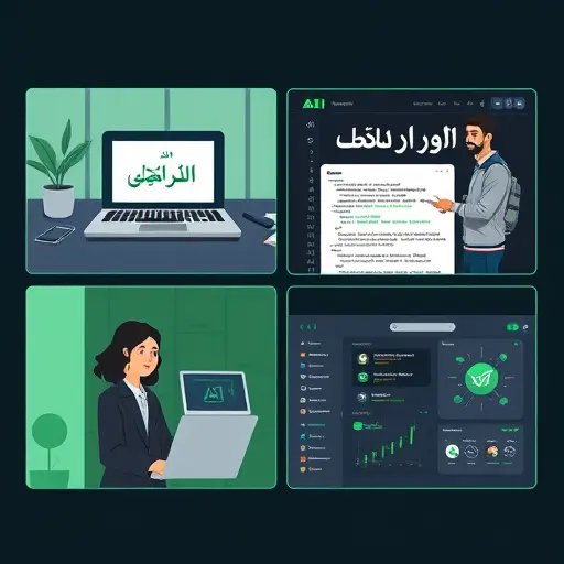 animated split-screen illustration showing four panels: 1)) text-to-image creation with abstract art, 3) code editor with AI assistant icons, 4) data dashboards and charts;