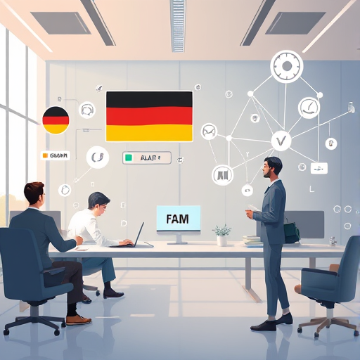modern ai-powered language learning environment, animated German symbols and AI icons, abstract neural network lines, no text