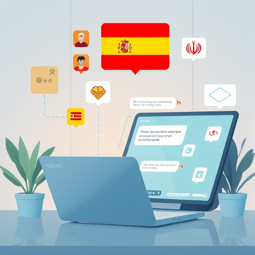 animated illustration of a friendly AI chatbot interface, with Spanish language symbols (book, flag, speech bubbles)