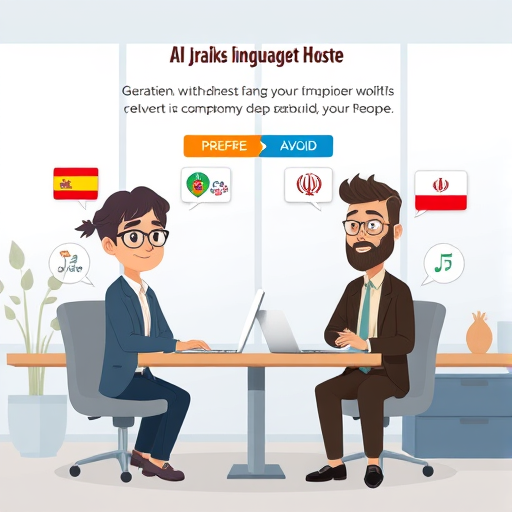 cartoon-style infographic showing AI-powered language benefits (24/7 availability, personalization, error correction)