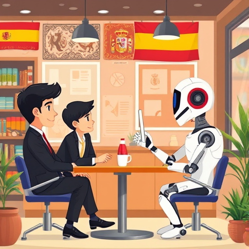 animated scene showing a user and AI chatbot roleplaying a Spanish conversation in a colorful café