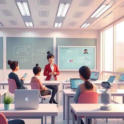 futuristic Iranian virtual classroom, animated students and smart AI assistant collaborating on math problems, tech inspired, bright, no text