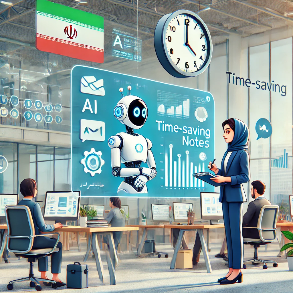 animated scene of an Iranian student saving time by using AI-powered digital notes, clock symbol, technology interface, colorful cartoon style, text-free