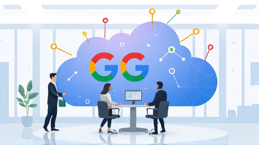 modern abstract AI cloud with Google colors and geometric shapes, digital connectivity, cartoon style, minimal design, text-free