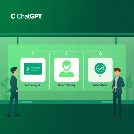 infographic diagram illustrating the workflow of a ChatGPT AI agent in three steps: input analysis, smart planning, automated execution;