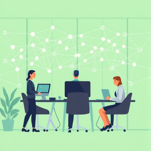 abstract animated illustration of AI agents collaborating, neural network patterns, technology concept art, light green and dark background, no text