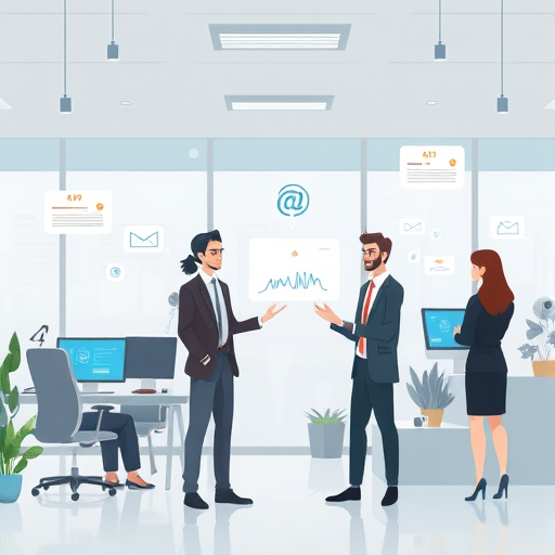 illustrated business environment where animated AI agents help automate various tasks;