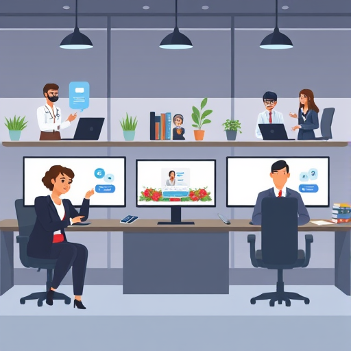 (teacher, doctor, business manager) using animated AI ChatGPT agents on computers and smartphones in workplace scenes, cartoon tech style, Iran cultural elements, no text