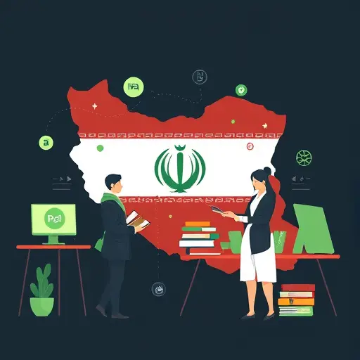 (books, map of Iran outline), dark theme with green accent, minimalist, text-free