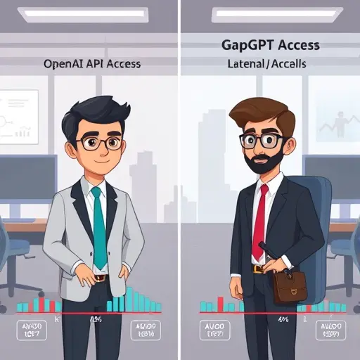 comparison infographic showing traditional OpenAI API access with vpn/latency bars versus GapGPT direct access with speed lines, cartoon animation style, Iranian tech theme, no text