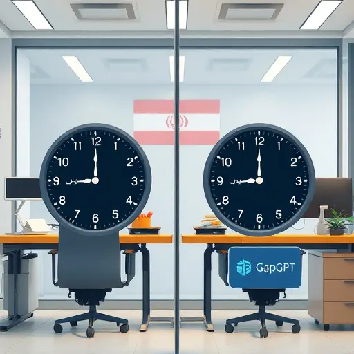 benchmark animation showing API latency test: two side by side clocks, one ticking slower (OpenAI with VPN), one fast (GapGPT direct)
