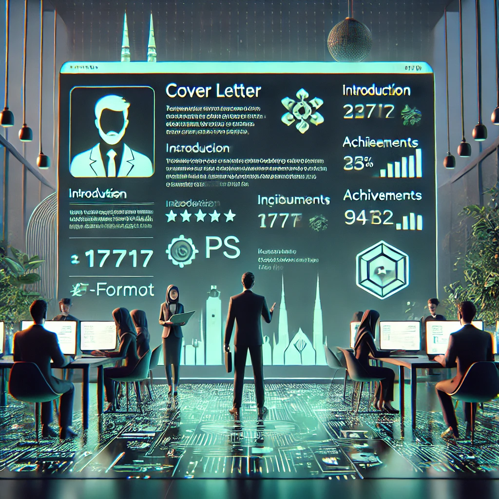 illustration of an AI tool generating a T-format cover letter, split layout with intro, three quantified bullet points, and a PS call to action; dark UI #171717 with green accents #94d3a2; icons for keywords and achievements;