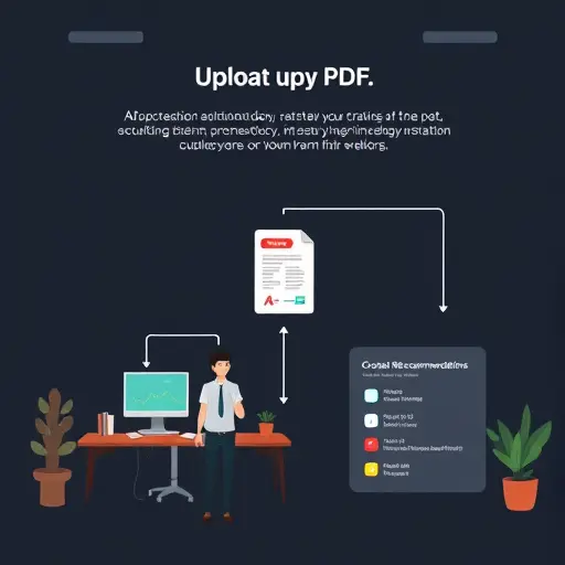 step-by-step UI flow: upload PDF, OCR extraction, actionable recommendations checklist, cartoon style interface, dark theme, no text