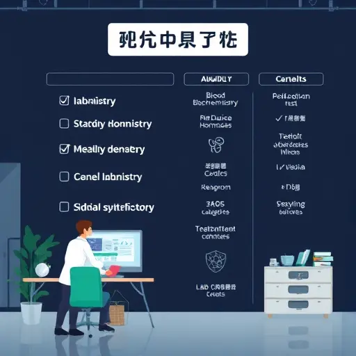 illustrated checklist of medical lab test categories (blood, biochemistry, hormones, genetics)