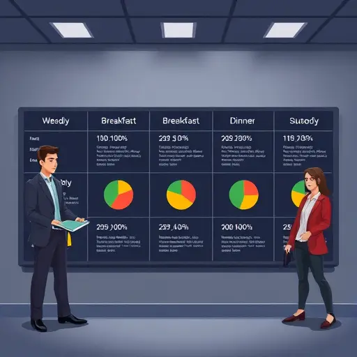weekly AI meal plan board, cartoon icons for breakfast lunch dinner snacks, macro percentages shown as colorful pie icons, dark theme, text-free