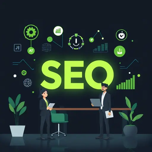 abstract illustration of AI and SEO synergy, icons for meta tags, keywords, analytics graphs, dark background with green accents (#94d3a2)