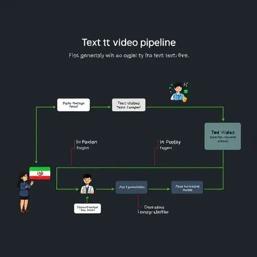 animated flowchart of text-to-video pipeline: script -> prompt -> AI generation -> review -> voiceover/subtitles -> color grade -> export formats, dark UI, green accents, minimalist, text-free