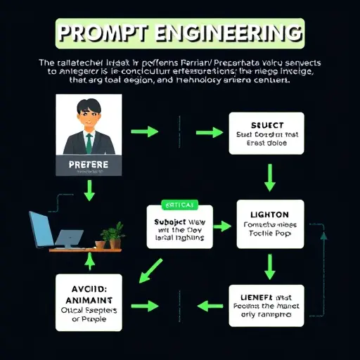 illustrated cheat sheet for prompt engineering: boxes labeled subject, action, lighting, camera move, negative prompt, with arrows forming a shot sequence, dark theme, green accents, text-free