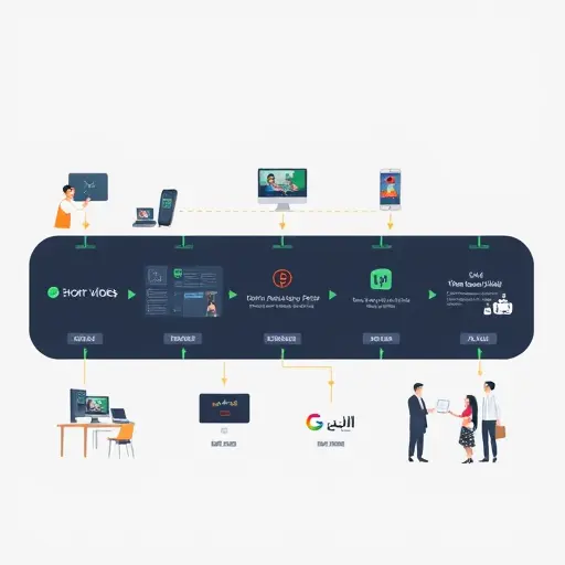 animated flowchart of short-video creation pipeline: ideation, script, voiceover, visuals, subtitles, export, publish;