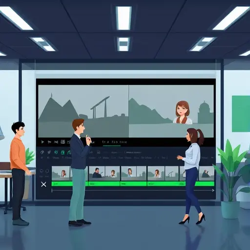 mobile vertical short video editor interface illustration, timeline with voiceover track and subtitles, AI icons, dark theme with green accents, clean and text-free