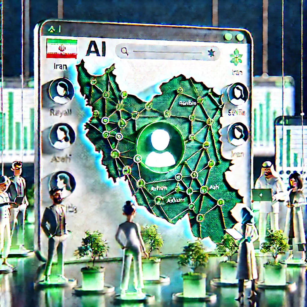 cartoon map of Iran highlighting tech nodes, animated user accessing AI image platform from different cities, green accent, no text
