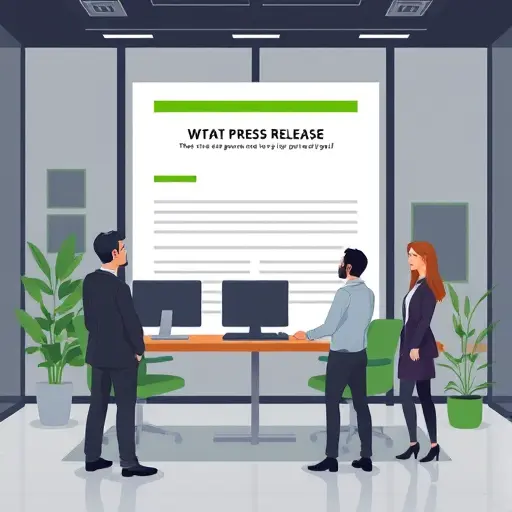illustration of an editable AI-generated press release card, placeholders and fields shown symbolically, dark UI, green accent, minimal cartoon style, text-free