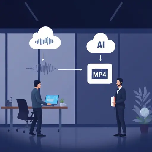 abstract illustration of cloud-based AI processing audio and photo into an mp4 file, minimal icons (cloud, waveform, image, mp4 export), dark theme, elegant gradients, no text