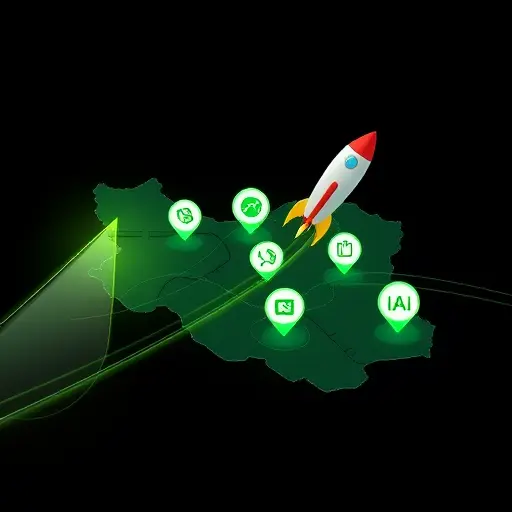 abstract illustration of fast access to multiple AI models in Iran, rocket and speed lines over Iran map wireframe, generic AI icons representing GPT, Claude, Gemini, dark background with green accents, no text, no real people