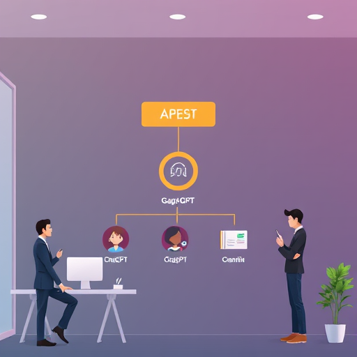 modern REST API integration diagram, showing user app connected to the GapGPT API service, branching to multiple LLM AI models (ChatGPT, Claude, Gemini)