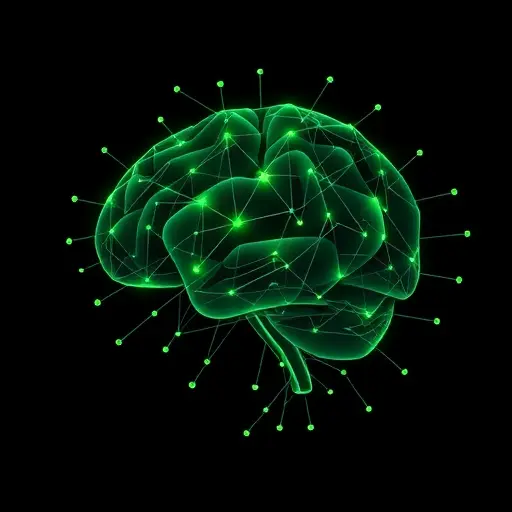 abstract AI neural network illustration emphasizing long-context reasoning, nodes and connections forming a brain-like shape, dark background, soft green highlights, minimalistic, no text