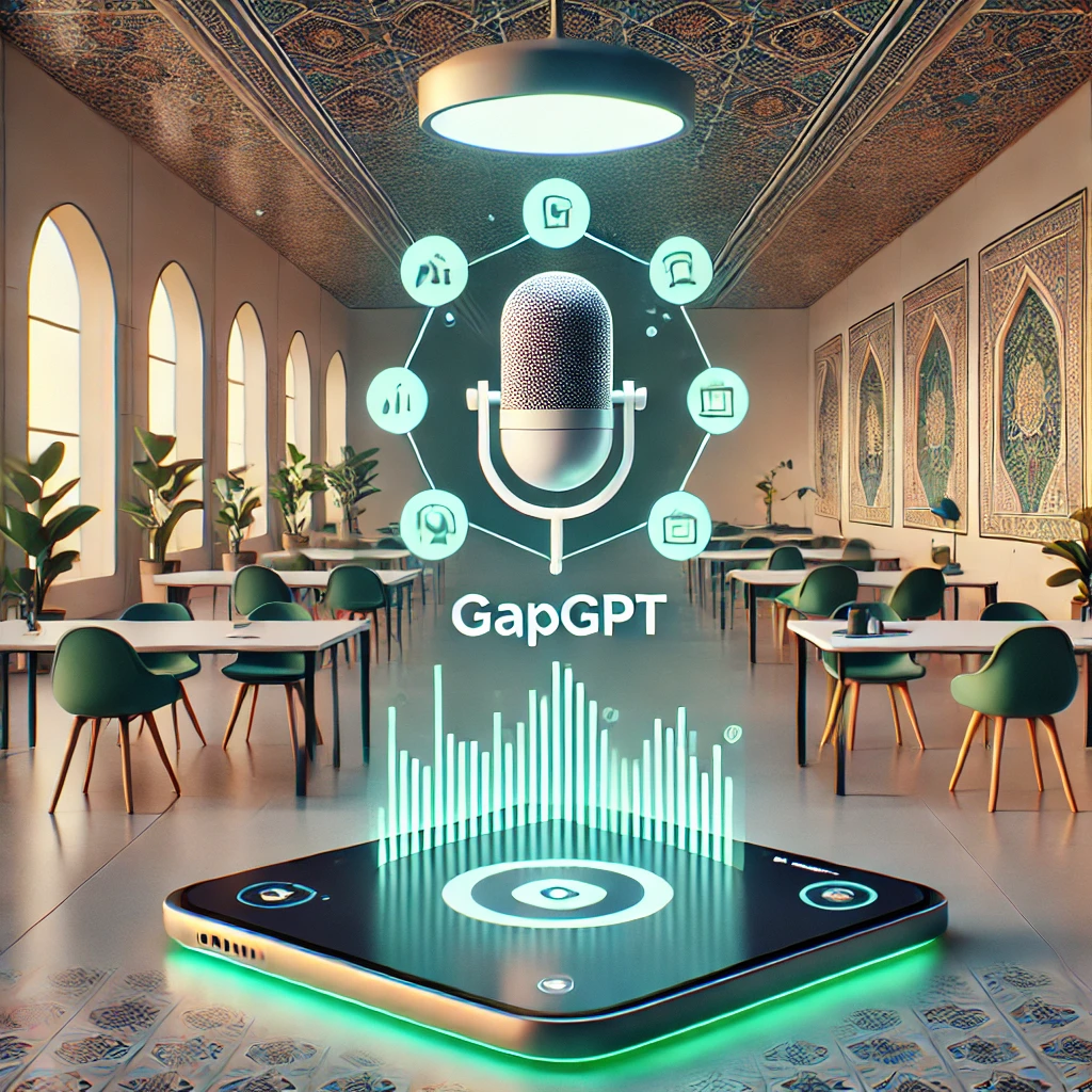 AI-driven mobile interface for improving English pronunciation, animated soundwaves and a microphone symbol, GapGPT branding elements, green accent colors, no text