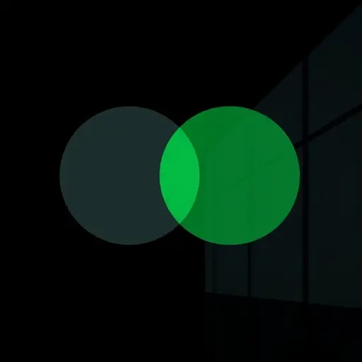 abstract venn-style illustration showing relationship between AI, machine learning, and data analytics as overlapping circles, dark theme, green accents matching #94d3a2