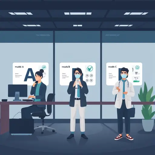 comparison illustration of three AI model cards labeled generically as model A, model B, model C (no brand text), medical use-