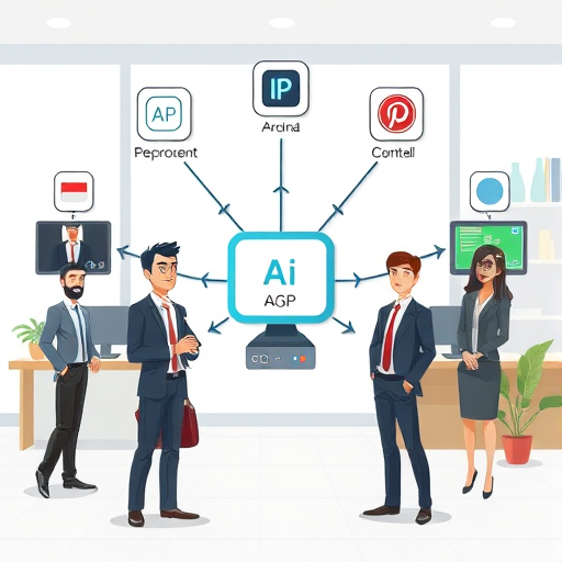 cartoon style diagram showing application architecture for API AI integration, multiple backend/frontend frameworks connecting to a central Iran-based GapGPT server, animated arrows for data flow, text-free