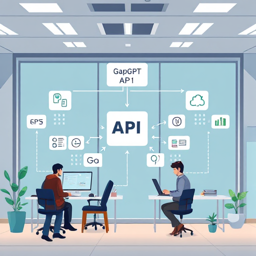 modern API integration flow diagram, animated cartoon style, showing multiple web frameworks (like Node.js, Django, Spring Boot) connecting to GPT-4