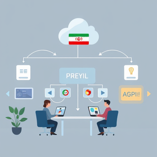 cartoon style architecture diagram, showing multi-framework backend (Node.js, Django, Spring Boot, PHP) all calling a cloud-based AI API (GapGPT), with speedy response arrows, Iranian color palette, text-free
