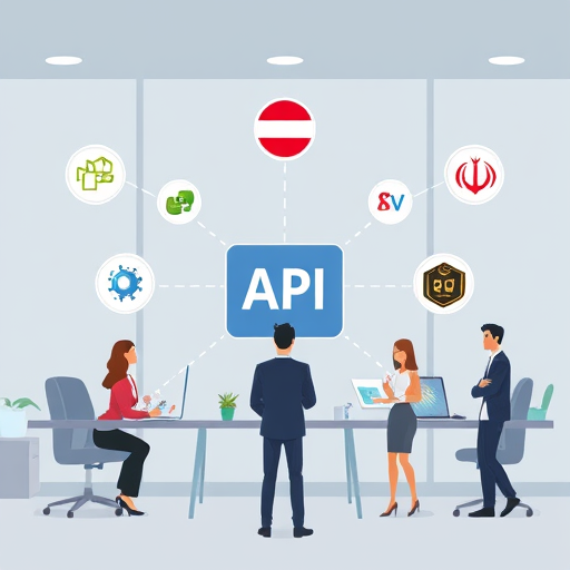 modern API integration diagram illustration, showing several programming language icons (Python, Node.js, Java, PHP, C#)