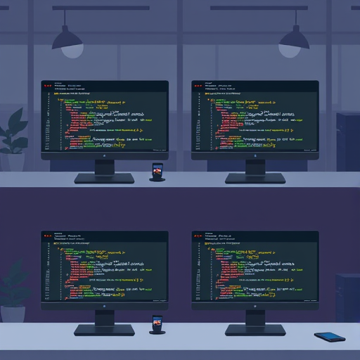 side-by-side code editor windows illustration, each showing a snippet for Python, Node.js, Java, PHP, and C#, all targeting the same AI API endpoint, artfully composed, text-free