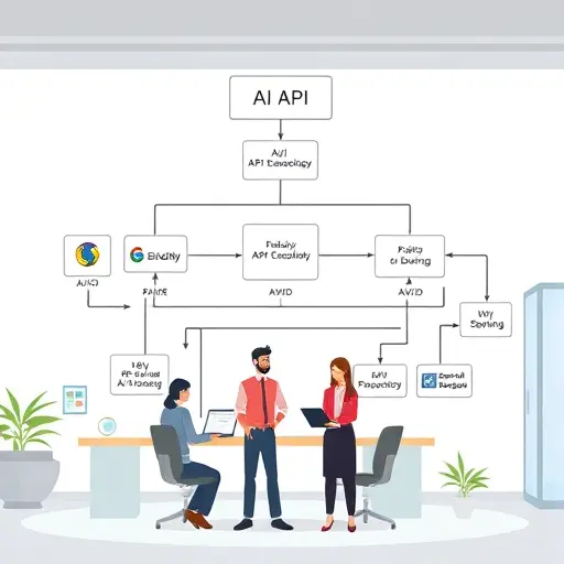 animated flowchart of AI API calls connecting to Python, Node.js, and Java backend servers; cartoon-
