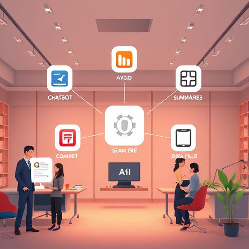 animated concept illustration showing five app icons connected to a central AI API endpoint (ChatGPT), each representing a different use case: chatbot, content generator, summarizer, search, and data filler;